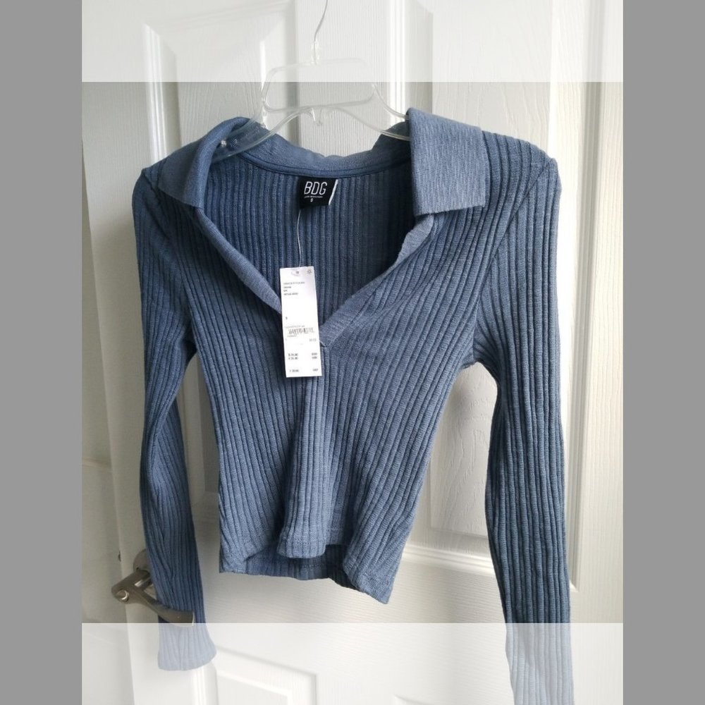 BDG - Rosie Crop Long Sleeve Polo, Vintage Indigo, Size S, NWT - Picture 3 of 13